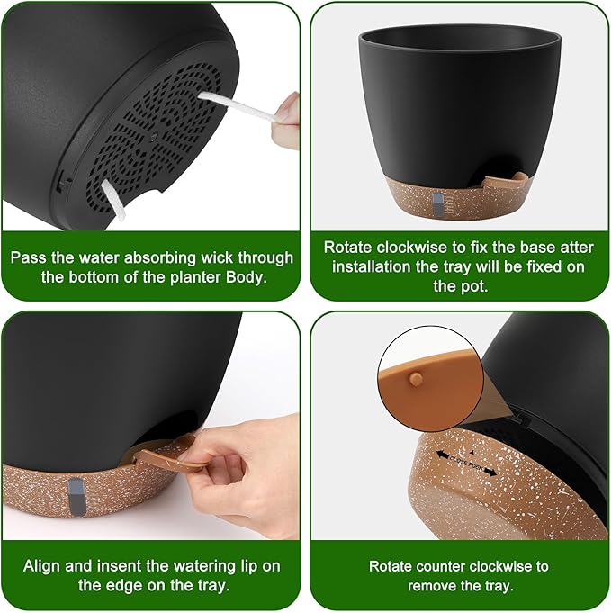 QRRICA 12/10/9 Inch Self-Watering Plant Pots with Water Level Indicator, Drainage Holes & Saucers – Large Plastic Planter Set for Indoor & Outdoor Plants(Black)