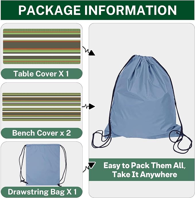 Picnic Table Cover with Bench Covers Elastic Edges, Green Tripes Camper Fitted Table Cover, Outdoor Patio Camping Essentials 72 Inch 3PCS, Waterproof Camping Fitted Tablecloth with Drawstring Bag