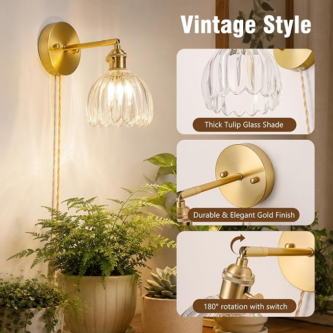 Wall Mounted Grow Lights for Indoor Plants with Vintage Tulip Glass Shade, Switch and Power Cord, Decorative Hanging Plants Light for Growing