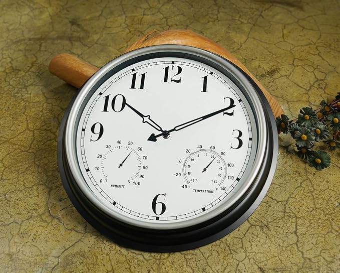 Rsobl 16 Inch Large Indoor Outdoor Wall Clock,Waterproof Non-Ticking Clock with Thermometer and Hygrometer Combo,Battery Operated Clock Wall Decorative- Silver