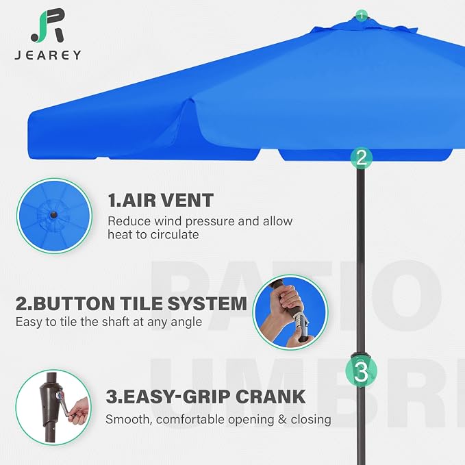JEAREY 9 FT Patio Umbrella Outdoor, Table Umbrellas Market Umbrella w/Push Button Tilt/Crank, 8 Sturdy Ribs(Royal Blue)