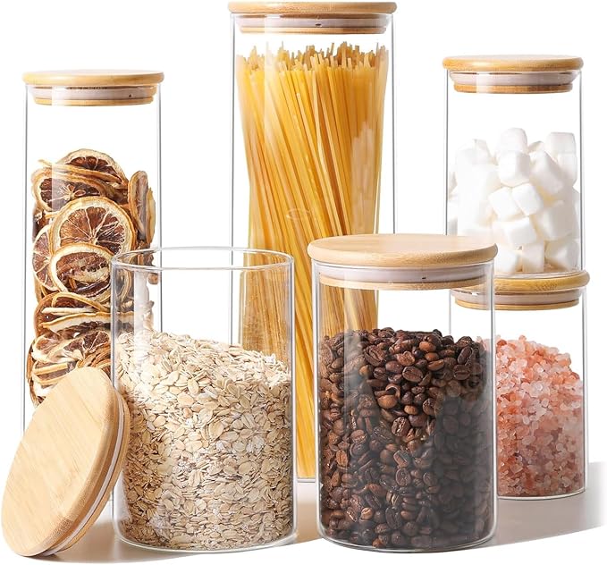 ComSaf Glass Storage Jars 6 Pack, Pasta Containers, Pantry Organization | Tall Glass Jar, Pasta Containers Storage Set of 6 (2Qt/1.1Qt/1Qt*2/0.5Qt*2), Glass Pantry Storage, Spaghetti Jar, BPA Free
