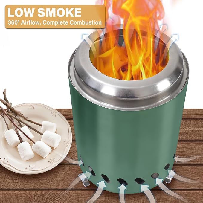 HGD 8.0 x 5.5 Inch Smokeless Firepit, Stainless Steel Fire Pits, Smokeless Fire Pit for Outside with Carry Bag for Camping Backyard Patio Garden Picnic Green