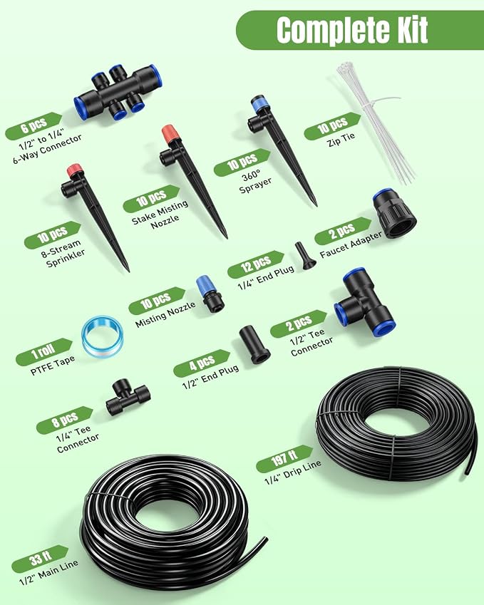 Pawfly 230 ft Quick Connect Drip Irrigation Kit, Drip Irrigation System for Garden Watering System with 1/2" (33 ft) & 1/4" (197 ft) Tubing and Accessories Garden Irrigation System for Greenhouse Lawn