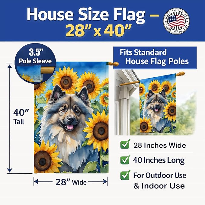 Caroline's Treasures DAC6105CHF Keeshond in Sunflowers House Flag Large Porch Sleeve Pole Decorative Outside Yard Banner Artwork Wall Hanging, Polyester, House Size, Multicolor