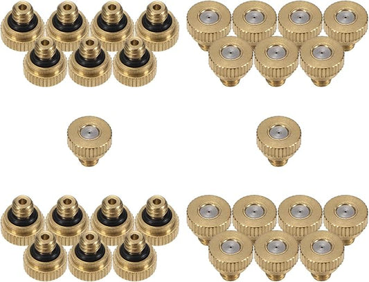 M METERXITY 30-Pack Brass Misting Nozzle, 0.02" 0.5mm Orifice 10/24 UNC O-Ring Replacement Mister Nozzles Plug Mister Heads for Garden Patio Outdoor Cooling System Low-Pressure Atomizing