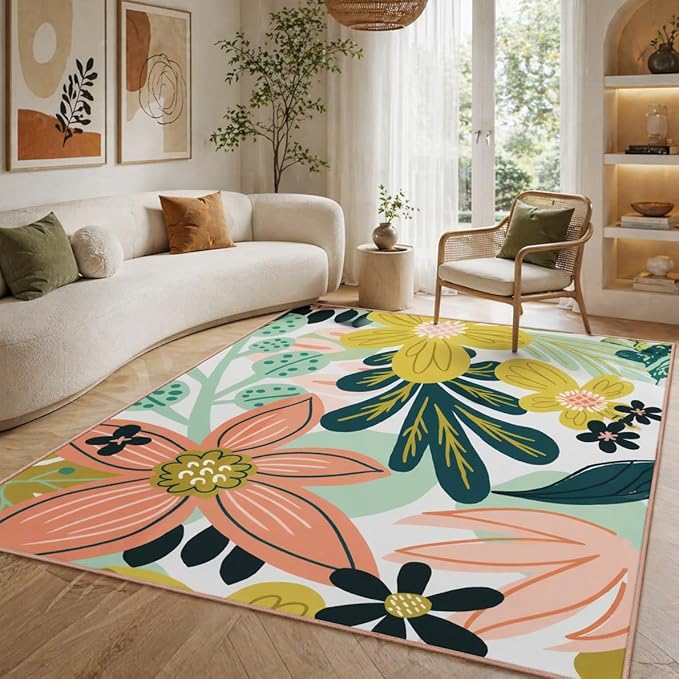 Tyrot Boho Floral Living Room Rug, 5x7 Rug Washable Tropical Botanical Area Rugs Flat Woven Ultra-Thin Non Slip Low Pile Carpet for Bedroom, Dining Room, Office, Kids Room, Pink Green
