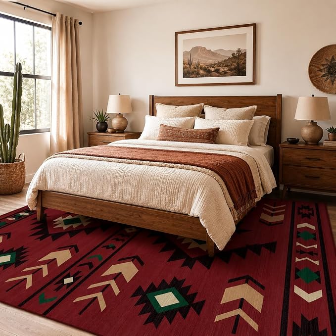Area Rug 6x9 Western Rug Living Room Southwestern Aztec Tribal Rugs Southwest Navajo Machine Washable Non-Slip Printed Low-Pile Floor Carpet for Bedroom Dining Room Office, Red