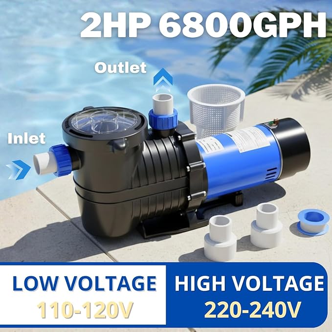 FOTING In/Above Ground Pool Pump, Self Primming Pool Pump High Flow 1.5" & 2" NPT Inlet Connectors,Deep Blue