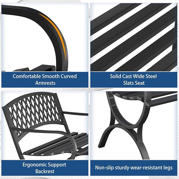 Outdoor Bench Garden Benchs, Weatherproof Anti-Rust Heavy-Duty Outside Bench Clearance, Wrought Iron Metal Bench for Front Porch, Patio, Park, Ergonomic Backrest, Slatted Seat