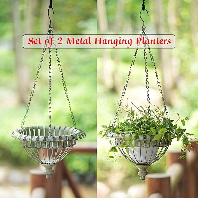 Set of 2 Metal Hanging Planters,Outdoor Hanging Baskets Garden Patio Porch.