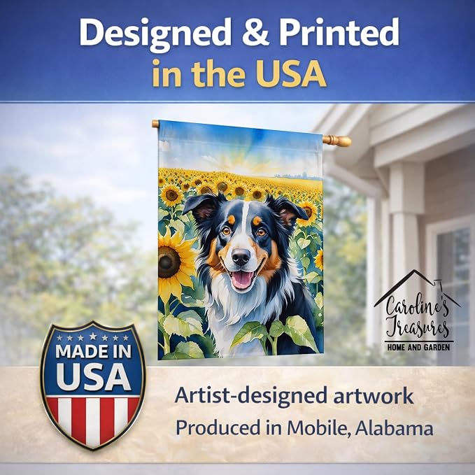 Caroline's Treasures DAC6032CHF Border Collie in Sunflowers House Flag Large Porch Sleeve Pole Decorative Outside Yard Banner Artwork Wall Hanging, Polyester, House Size, Multicolor