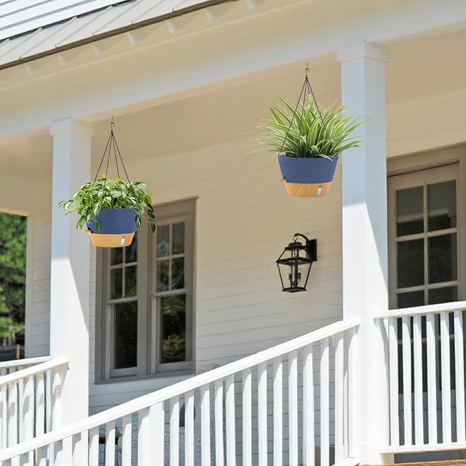 ZMTECH 12 Inch Hanging Planters for Indoor Plants, Large Blue Self Watering Hanging Planter with Visible Water Level & Heavy Duty Chain, Modern Flower Pots for Outdoor Patio Decor
