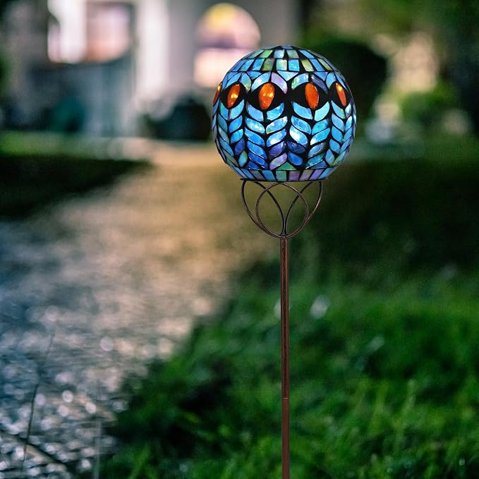 Solar Outdoor Decorative Light, Mosaic Ball Stake for Yard Decor, 6" | 6" Crackle Glass Sphere Mosaic Glass Ball Stake, Waterproof Design & Solar Lights for Lawn, Yard & Pathway Decor, Green