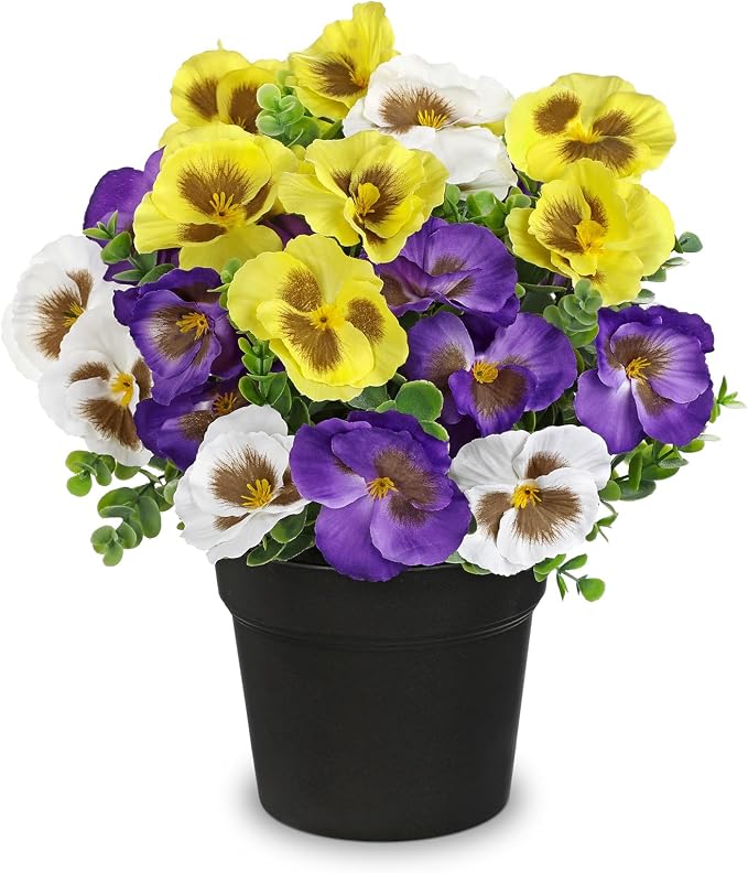 Briful Pansy Artificial Flowers, 13.7’’ Realistic Faux Pansy Flower in Black Pot, Fake Flowers for Indoor Outdoor Decor, Farmhouse Table Decor, All Seasons Flowers for Home Dining Porch Décor