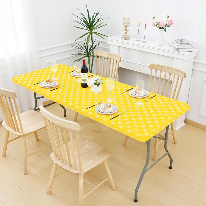 misaya Rectangle Vinyl Table Cloth, Elastic Fitted Tablecloth with Flannel Backing, Waterproof Plastic Table Cover Fits 4 Foot Folding Tables for Picnic, Camping and Outdoor (Yellow, 30" x 48")