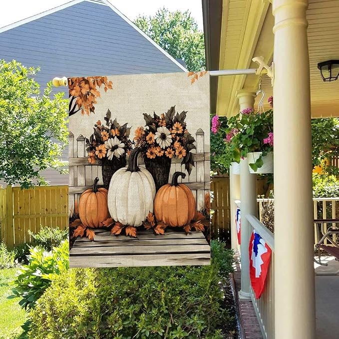 EMMTEEY Sunflower Garden Flag Fall Pumpkins 28X40 Double-Sided, Seasonal Yard Flags White Orange Large Burlap Garden Flags for Outside Front/Back Door