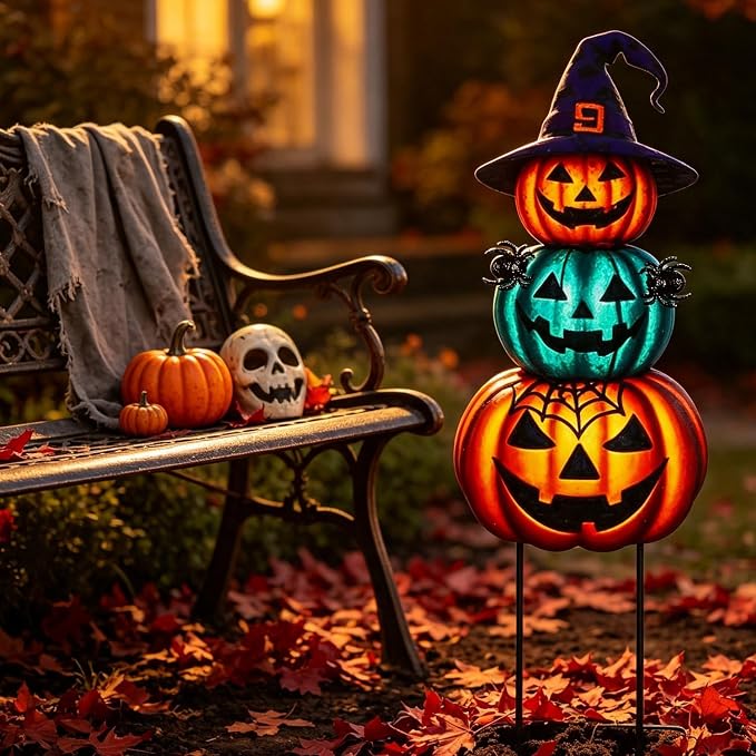 Halloween Yard Stakes Large with Stackable Pumpkins Scary Spiders | 39.3" Metal Halloween Yard Decorations for Garden, Lawn, Patio, Outdoor Decor with Witch Hat