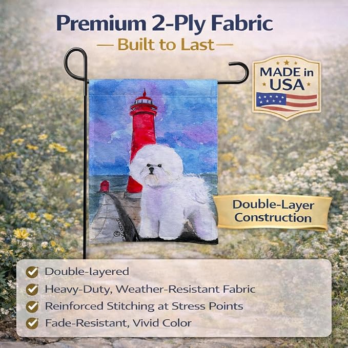 Caroline's Treasures SS8891GF Lighthouse with Bichon Frise Garden Flag Mailbox Flag Decorative Yard Flag Banner Outside Patio Artwork Yard Flower Beds, Garden Size, Multicolor