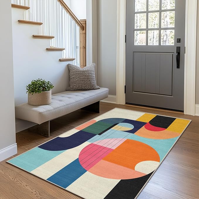 3x5 Area Rug Colorful Boho Geometric Modern Abstract Rug for Bathroom Entryway Machine Washable Non-Slip Throw Rug for Bedroom Bedside Kitchen