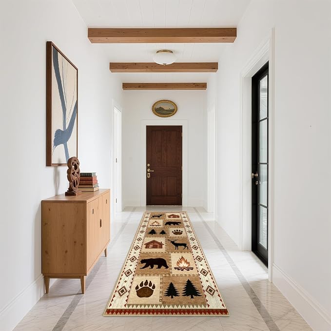 Cabin Bear Deer 2x6 Runner Rug Rustic Lodge Wildlife Hallway Rug Country Farmhouse Western Long Floor Carpet Machine Washable Non-Slip Printed Low-Pile for Kitchen Bedroom Bathroom Laundry