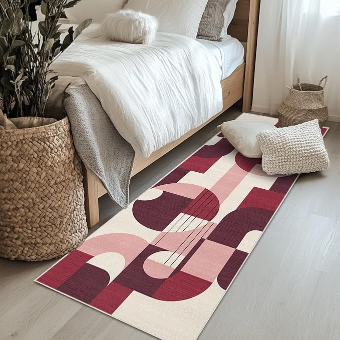 2x6 Burgundy and Pink Geometric Runner Rug for Kitchen Entryway Hallway Dark Abstract Modern Area Rug Machine Washable Non-Slip Carpet for Bedroom Bathroom Bedside