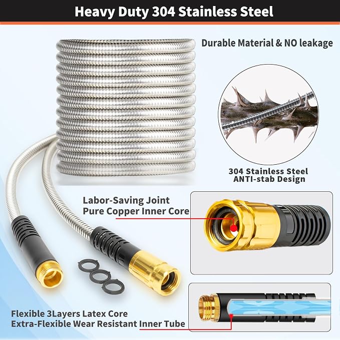 Metal Garden Hose 125FT Heavy Duty Lightweight 304 with Brass Nozzle,Durable Fittings,No Kink & Tangle,Puncture Resistant,Easy to Use & Store for RV,Outdoor, Yard,Ligh (125ft)