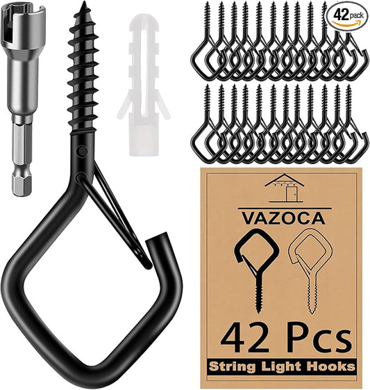 42 Pcs Screw Hooks for Outdoor String Lights, Q-Hanger Hook with Safety Buckle, Patio Wall Ceilling Square Eye Cup Hook for Hanging Plant Pots Christmas Decor Wire Fairy Led, Wind Nut Driver, Black
