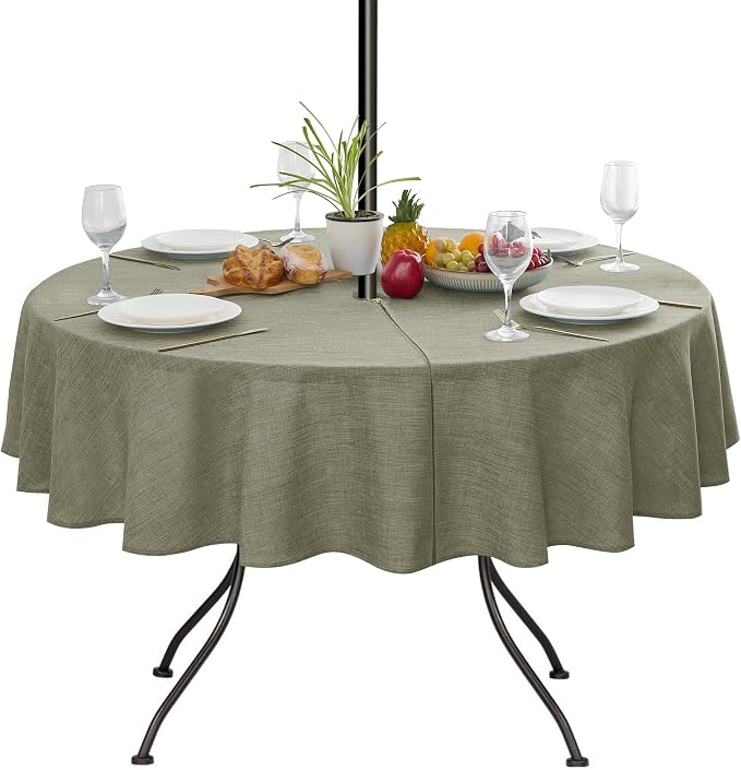 LUSHVIDA Outdoor Tablecloth with Umbrella Hole - Patio Table Cloth Zippered Round 60 Inch, Khaki Linen-Look Polyester Table Cover Water Resistant for Picnic Outside
