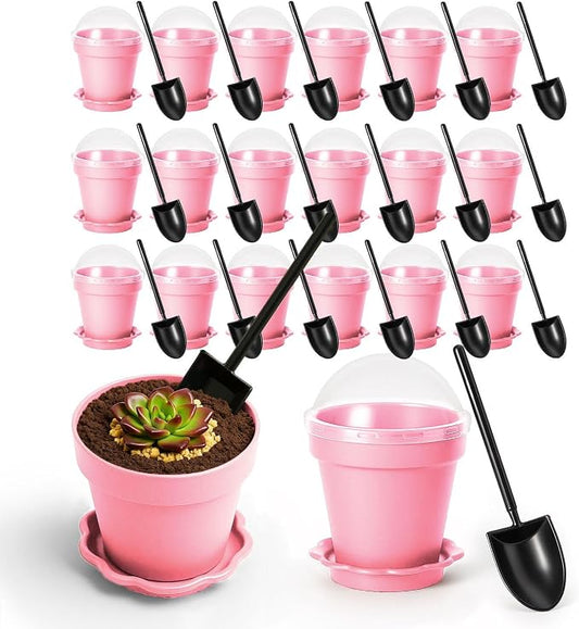 20 Pcs Nursery Pots with Humidity Dome, Cupcake Plant Nursery Pots with Bring A Plate and Shovel, Planting Cups for Seeds for Indoor Gardening and Plant Propagation(Pink)