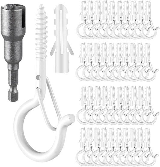 FSAH 48 PCS Q-Hanger Hooks, Screw Hooks for Outdoor String Lights, Safety Buckle Design Cup Eye Hook for Hanging Christmas Lights, Plants, Mounted on Wall Ceiling, Include 1 Wing Nut Driver, White