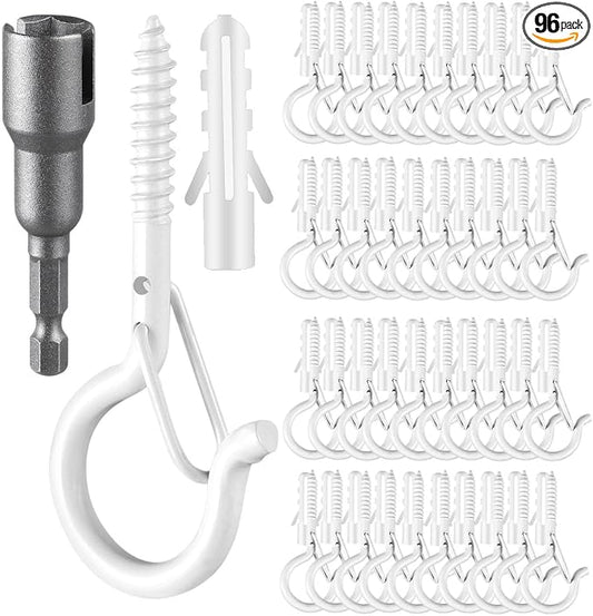 FSAH 96 PCS Q-Hanger Hooks, Screw Hooks for Outdoor String Lights, Safety Buckle Design Cup Eye Hook for Hanging Christmas Lights, Plants, Mounted on Wall Ceiling, Include 1 Wing Nut Driver, White