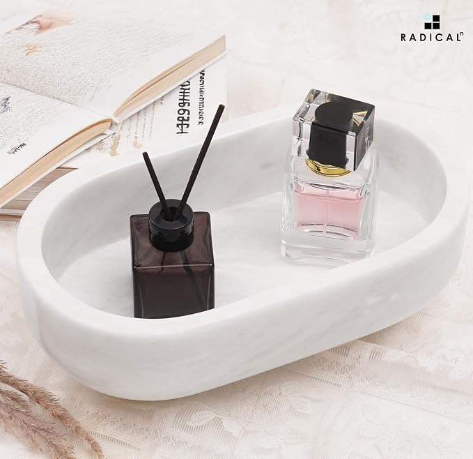 Radicaln Marble Oval Bowl With Stand 10" Inches White Handmade Key Bowl For Entryway Table, Ideal Decorative Bowl, Candy Dish & Candle Bowl, Marble Fruit Bowls