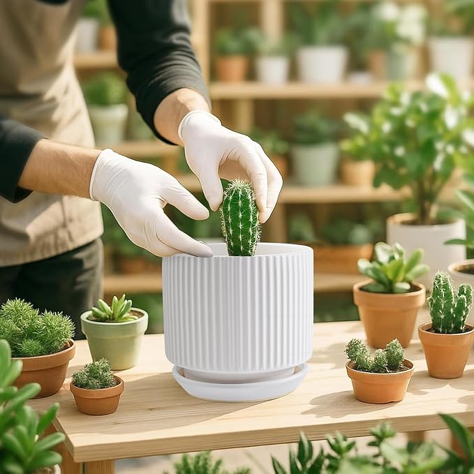Ceramic-5.1-inch-Flower-Pots-with-Saucer, Small Planters for Indoor Plants with Drainage Hole, White Textured Vertical Stripe Plant Pots for Home Decor, Garden Pot For Succulent Cactus Mint Basil Herb