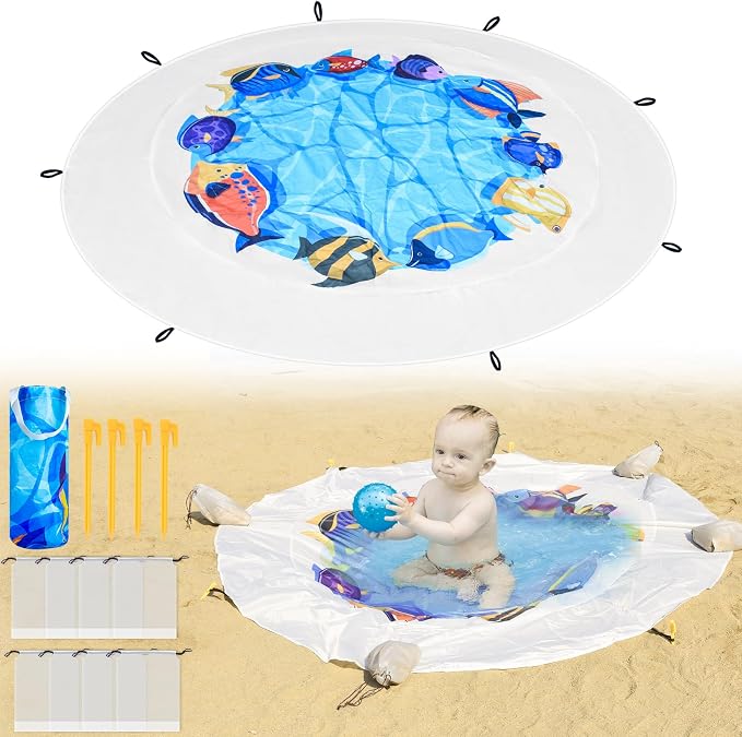 Dia 6.6Ft Baby Beach Pool, 2 in 1 Portable Round Kids Beach Play Pool Puddle Toddler Beach Blanket and Kiddie Pools Blue Cartoon Childs Sand Pit Paddling Pools with Water Bag for Boy Girl Outdoors
