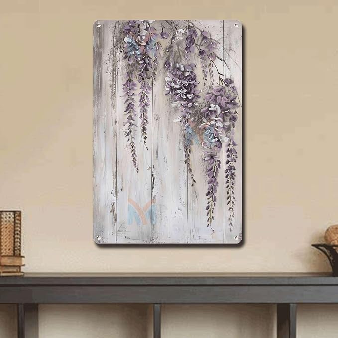 Metal Sign Tin Sign Vintage Wall Art Vintage Wisteria Tin Sign for Cascading Blooms Display Shabby Chic Style and Corrosion Resistant Greenhouse Decor for Pub 8×12 Inches