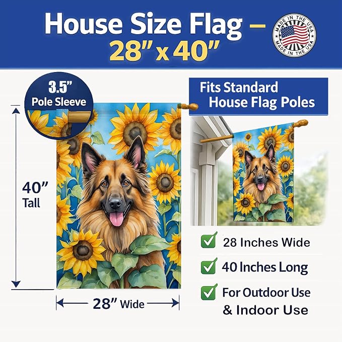 Caroline's Treasures DAC6024CHF Belgian Tervuren in Sunflowers House Flag Large Porch Sleeve Pole Decorative Outside Yard Banner Artwork Wall Hanging, Polyester, House Size, Multicolor