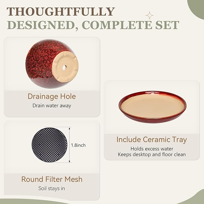 7.5 Inch Ceramic Plant Pot with Drainage Hole Mesh Net,Modern Gardening Pots for Indoor Plants with Saucer, Speckle Red