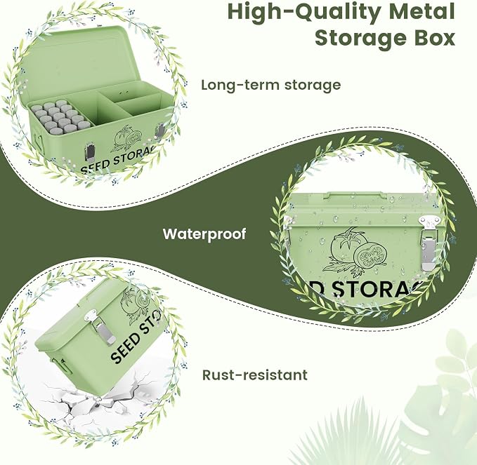 Seed Storage Organizer Box, Metal Seed Box, Garden Seed Organizer with Lid, Seed Containers Storage with 4 Compartments, 30 Seed Holder Organizers, 100pcs Seed Envelopes (Green)
