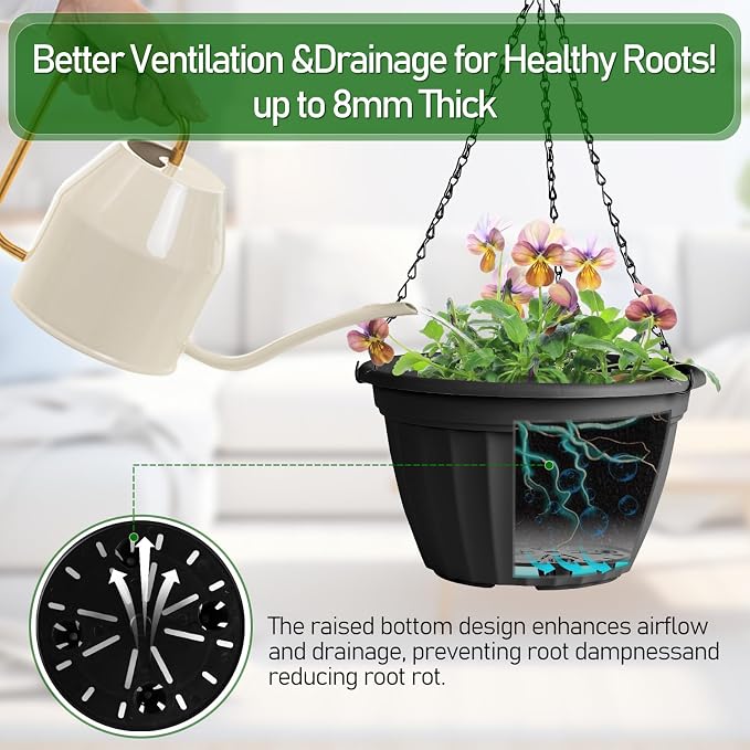 FGstyle 6 Pack Hanging Planters 10 Inch(Black & White),Self Watering Pots for Indoor Plants,Plastic Hanging Basket with Soil Elevator and 20" Chain for Home Garden Porch Balcony Patio Decor