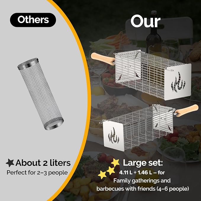 TNTOR Square Grill Basket, Larger 304 Stainless Steel Nesting Grilling Net, Removable Handle, BBQ Grilling Accessories Tools for Veg Shrimp, Outdoor Cooking Camping grilling gifts for men Dad Husband