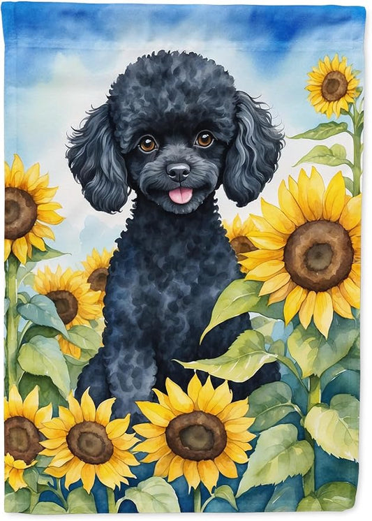 Caroline's Treasures DAC6137CHF Black Poodle in Sunflowers House Flag Large Porch Sleeve Pole Decorative Outside Yard Banner Artwork Wall Hanging, Polyester, House Size, Multicolor