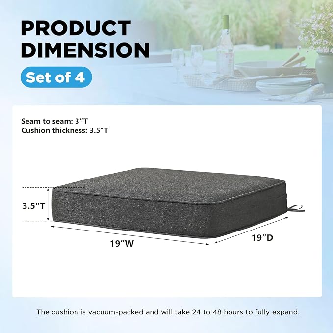 19 x 19 Inch Outdoor Chair Cushions with Tie Straps, Set of 4 Thick Water Repellent Square Patio Chair Pads for Garden Lawn Patio Furniture, Charcoal