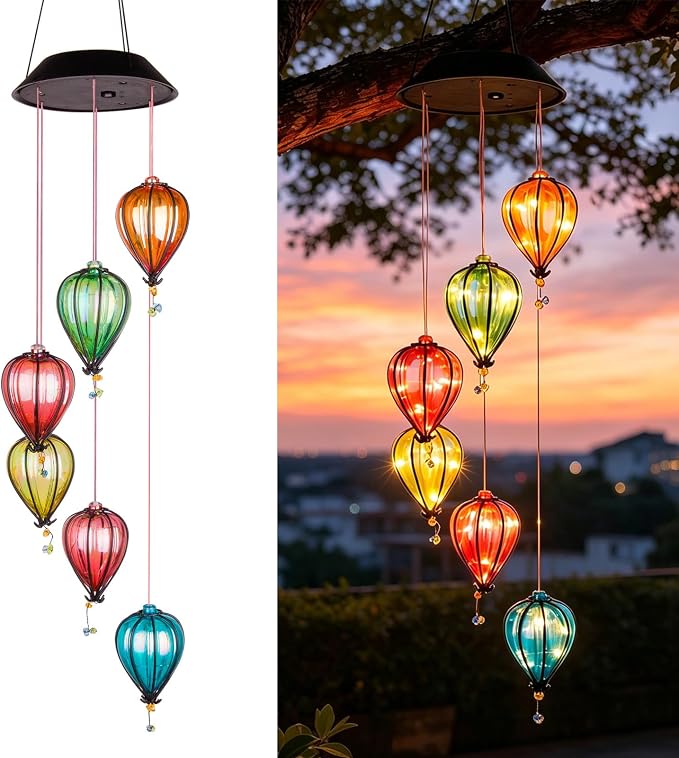Solar Wind Chimes for Outside, Hot Air Balloon Solar Lights Outdoor Colorful Hanging Decor with 30 Warm White LEDs, Auto On/Off Light Sensing Waterproof Garden Gifts for Mom Grandma Women