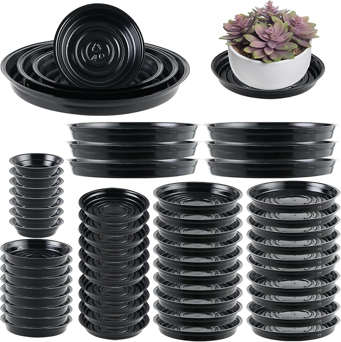 60 Packs 4/6/8/10/12 Inches Plant Saucers for Indoor Outdoor Use Heavy Duty Plastic Plant Plate Dish for Planter Bulk Round Flower Pot Drip Trays to Catch Water 4 to 20 Inch, Black