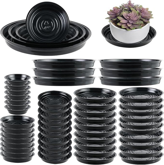 60 Packs 4/6/8/10/12 Inches Plant Saucers for Indoor Outdoor Use Heavy Duty Plastic Plant Plate Dish for Planter Bulk Round Flower Pot Drip Trays to Catch Water 4 to 20 Inch, Black
