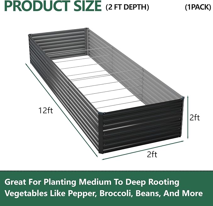 Vengarus 12x2x2FT Galvanized Raised Garden Bed Kit, Deep Root Planter Box Outdoor Large Planter Raised Beds for Planting Flowers,Vegetables and Herbs-Black