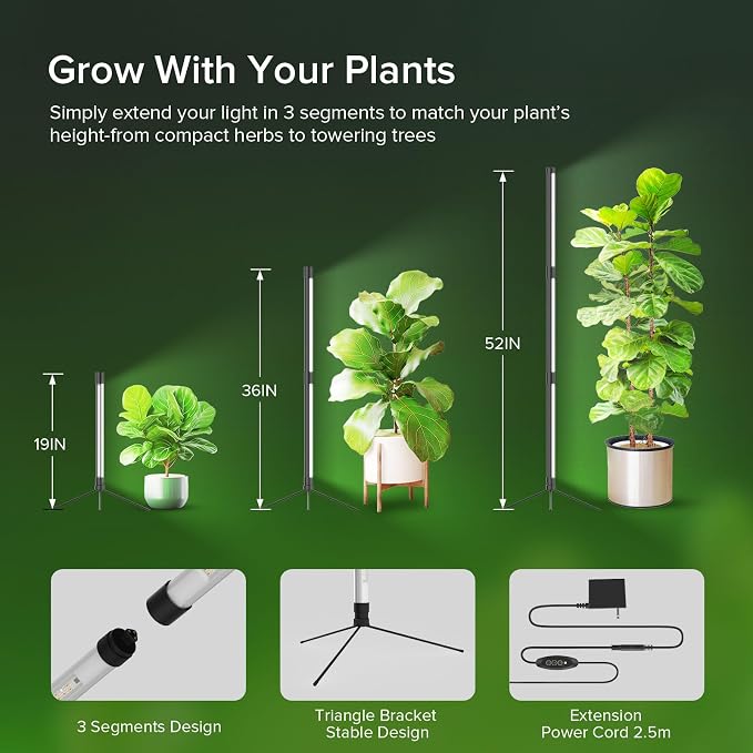 55W Standing Grow Light for Indoor Plants, 47-Inch Full Spectrum Vertical Plant Light with Stand, Auto Timer for Large Houseplants, Indoor Garden Rack, Covered Balcony, Indoor Greenhouse