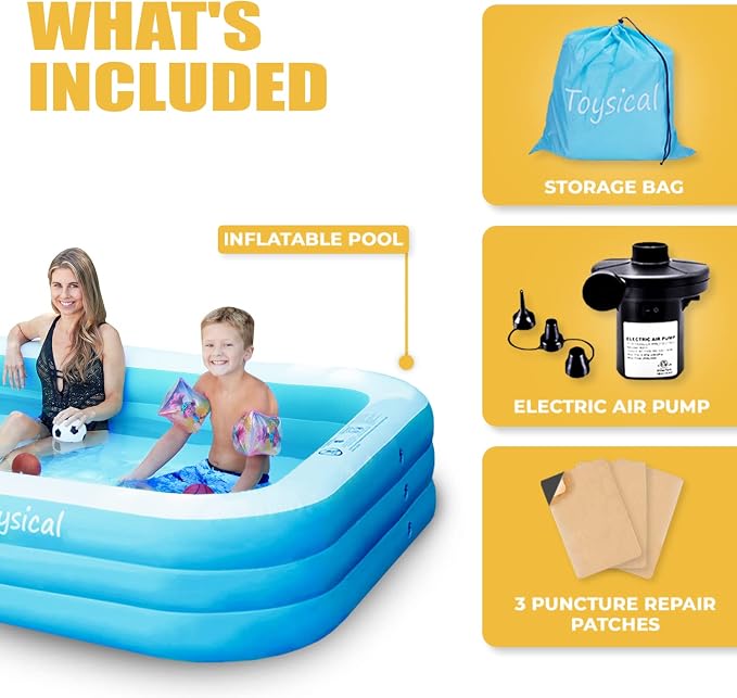 Toysical Inflatable Pool for Kids and Adults with Pump - 118 x 72 x 22 - More Durable Than Other Blow up Pools for Adults - Includes Patches