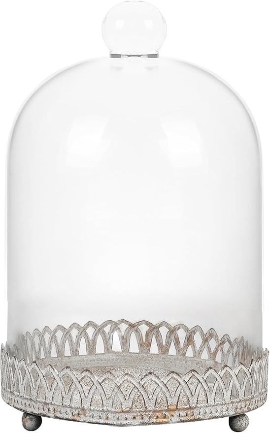 Twakutwku 8" Tall Large Sturdy Handmade Glass Cloche Dome with Metal Base in Shabby White for Plant, Terrarium, Collectibles, Candle. Cloche Glass Dome, Bell Jar Display Case (Shabby White, 8")